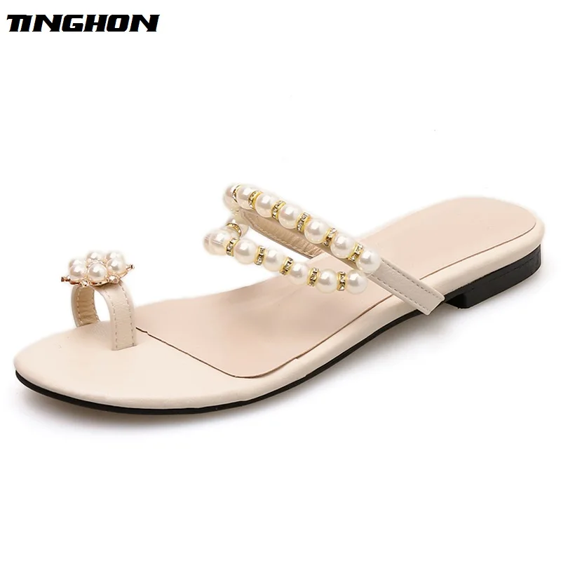 

TINGHON Women PU Contracted Flats Apricot Black Round Toe Slip-on Casual Solid String Bead Women's Shoes Basic Size 35-40