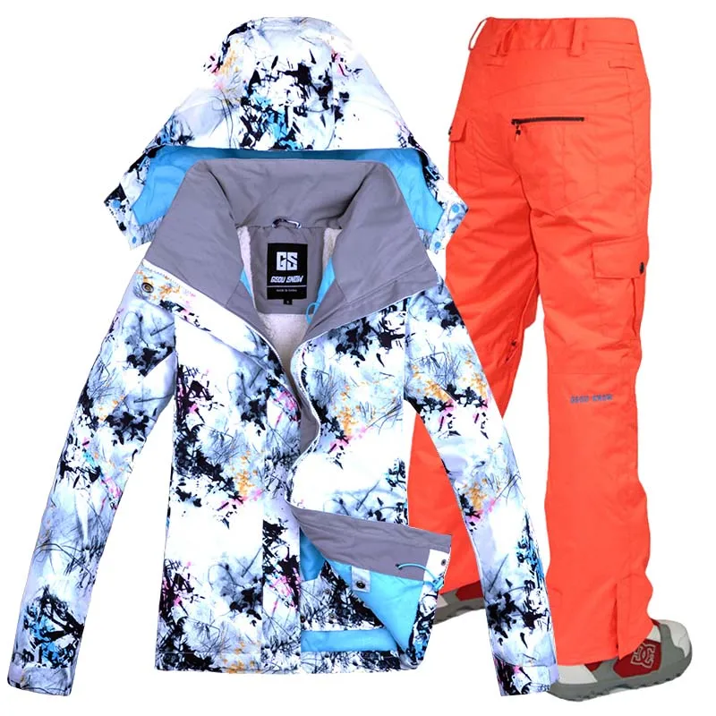 Женский лыжный костюм GSOU с двойным одним бортом, уличная Толстая теплая спортивная дышащая водонепроницаемая лыжная куртка, лыжные штаны - Цвет: Бежевый