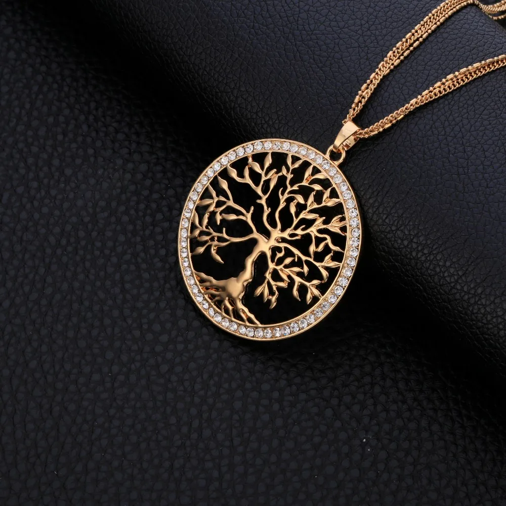 Tree of life Crystal Big Pendant Necklace Women Gold Silver Colors Elegant Sweater Long Chains Necklace Christmas Gifts For Her