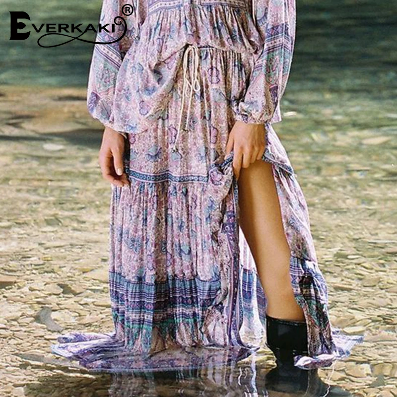 

Everkaki Boho Gypsy Print Long Skirt Women Cotton Elastic Waist Sashes Bottoms Lilac Bohemian Skirt Femme 2019 Spring Summer New