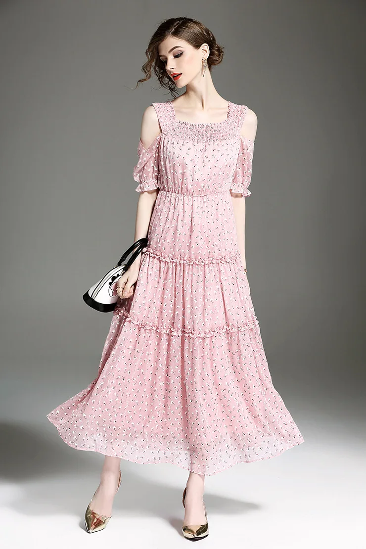 

2017 Summer Autumn High Qualit New Fashion Strapless Short Sleeve Printing Slim Waist Over A Pendulum Style Long Style Dress