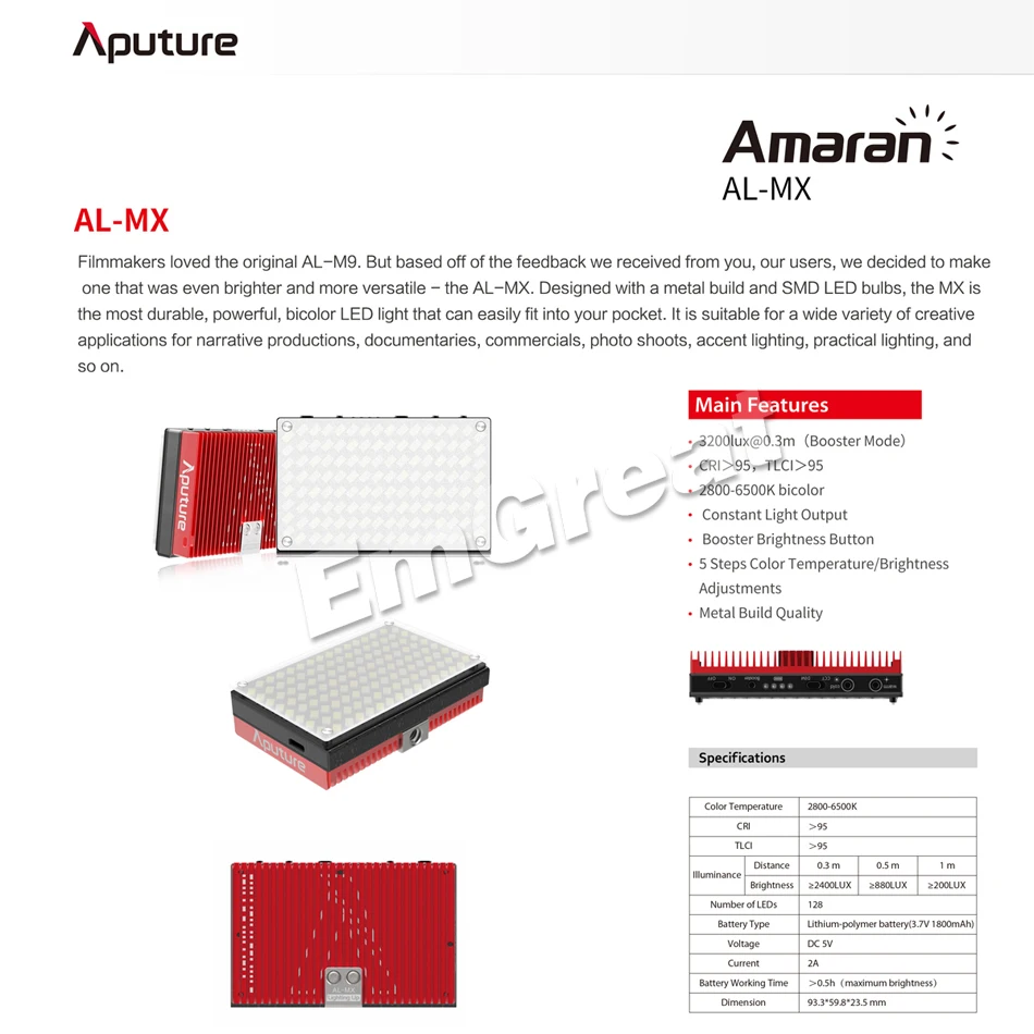 Aputure AL-MX светодиодный видео цветовая температура 2800-6500k TLCI/CRI 95+ накамерный заполняющий светильник карманного размера крошечный светодиодный светильник ing для DSLR