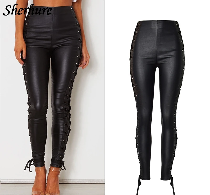 

2018 Women Pants High Waist PU Pants Stretch Solid Straps Slim Pencil Pants Women Long Trousers Streetwear Black Long Jeans