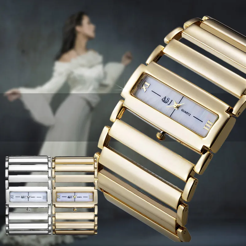 

Trendy Unique Women Bangle Wristwatch Wide Alloy Hollow Band Quartz Analog Rectangle Square Dial Watches For Lady LL@17