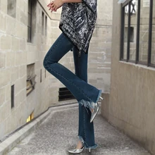 2016 Autumn New Fashion Mini Flared Jeans Hole Irregular Tassel Full Length Pants Slim Female Pants