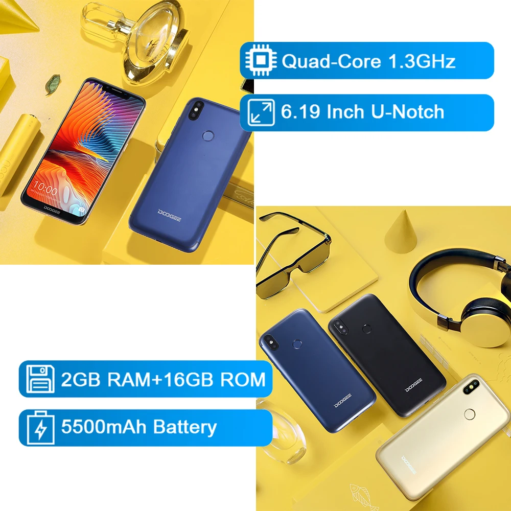 NEW U-Notch DOOGEE BL5500 Lite Smartphone 6.19 inch MTK6739 Quad Core 2GB RAM 16GB ROM 5500mAh Dual SIM 13.0MP Android 8.1 FDD