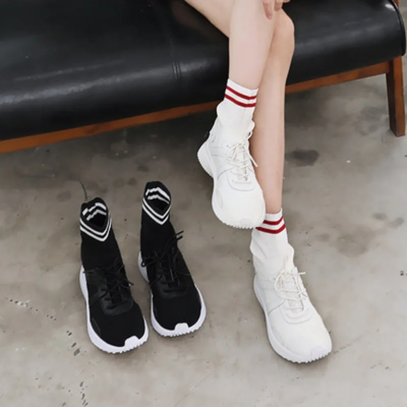 

MoBeiNi 2018 autumn stretch socks shoes breathable sports shoes female flying woven casual high shoes students new