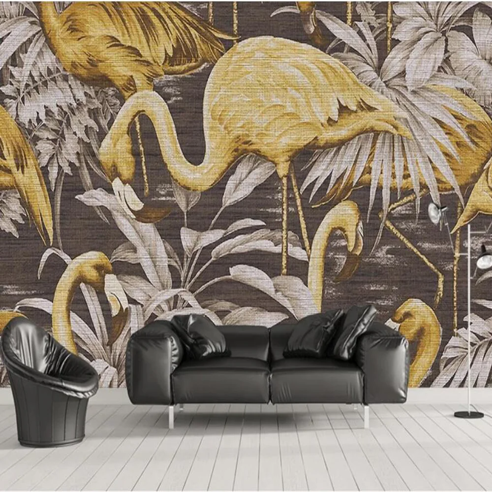 

Nordic Linen Finish Gold Flamingo Tropical Wallpaper Murals for Living Room Art Wall Decals Wall Mural Paper Contact Paper Roll