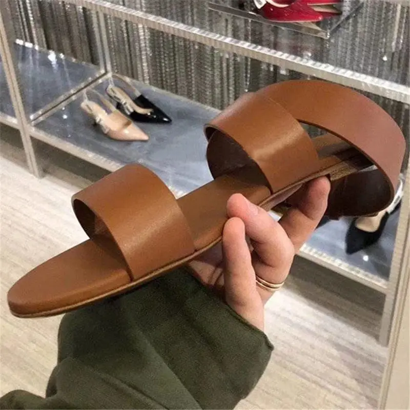 

Shoes Women Luxury Brand Black Brown Summer Gold Metal Buckle Belts Casual Flat leather open toe beach sapato feminino sandalias