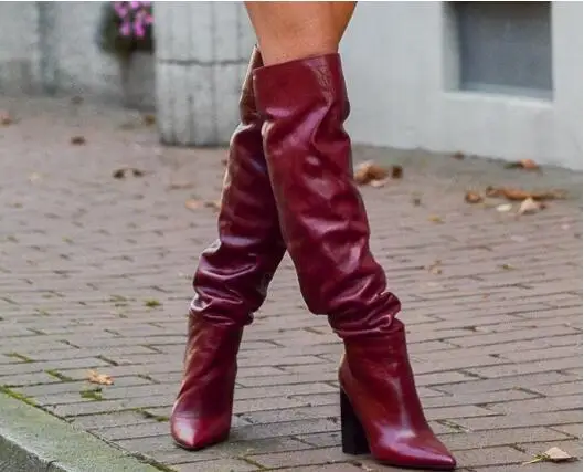 Прямая поставка; Брендовые женские кожаные сапоги бордового цвета с острым носком, на грубом каблуке, без шнуровки, с отворотами, выше колена; высокие сапоги на высоком каблуке; большой размер 43