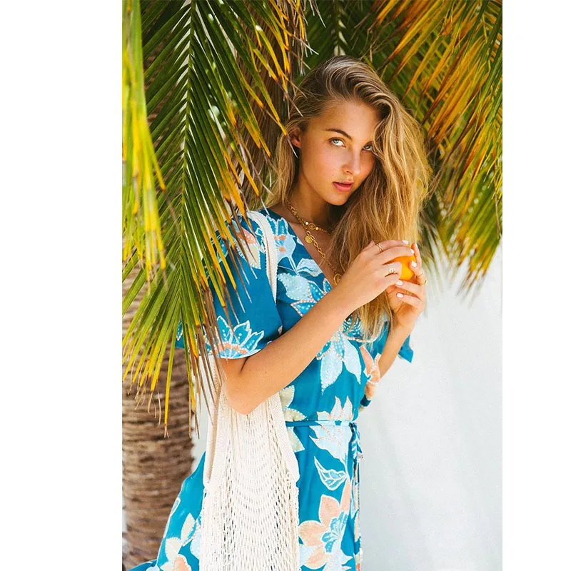 

AliExpress Cross-Border Explosion V-neck Cross Tie Beach Travel Vacation Bohemian Print Dress Irregular Dress