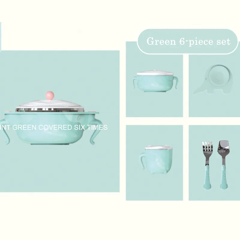 Набор детской посуды, детский набор столовых приборов из нержавеющей стали, миска для кормления, ложка, вилка, чашка для сохранения тепла, миска, тренировочная миска - Цвет: Green-6