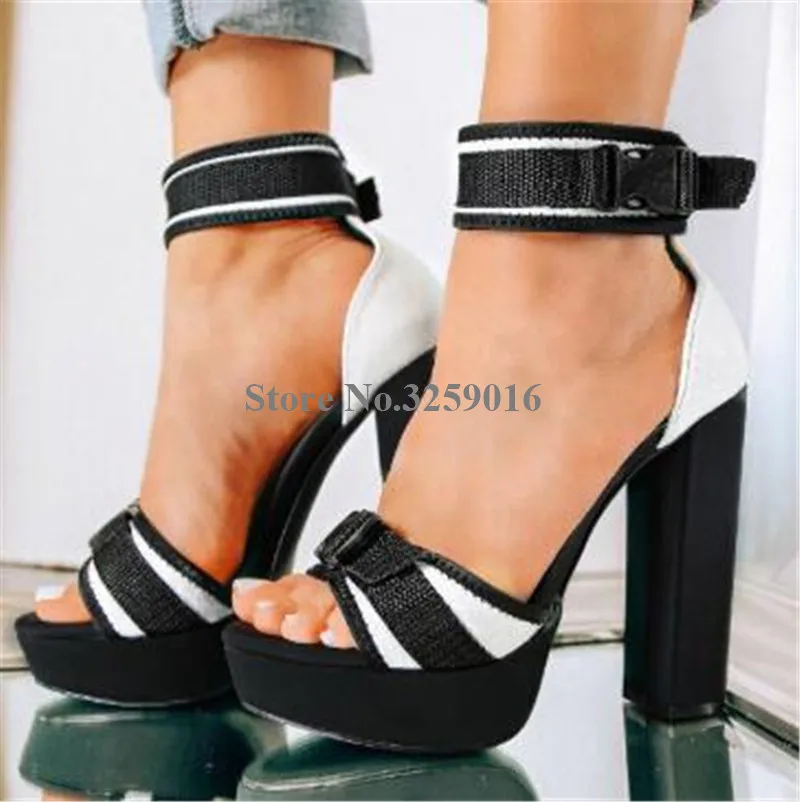 

New Fashion Women Open Toe Stripes High Platform Chunky Heel Sandals Ankle Wrap Buckles Thick High Heels Dress Shoes