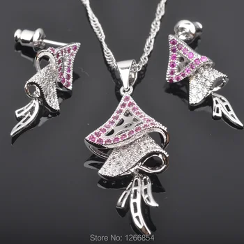 

Unique Design Red Cubic Zircon Women's Party Silver Plated Jewelry Sets Earrings/Pendant/Necklace Free Shipping JS0251