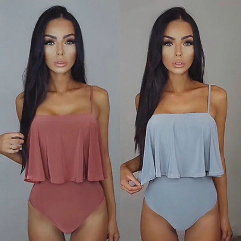 

2017 Sexy women solid color One Piece Ruffles Monokini Swimwear Swimsuit Bathing Suit Summer Bikini Push Up Biquini Beachwear