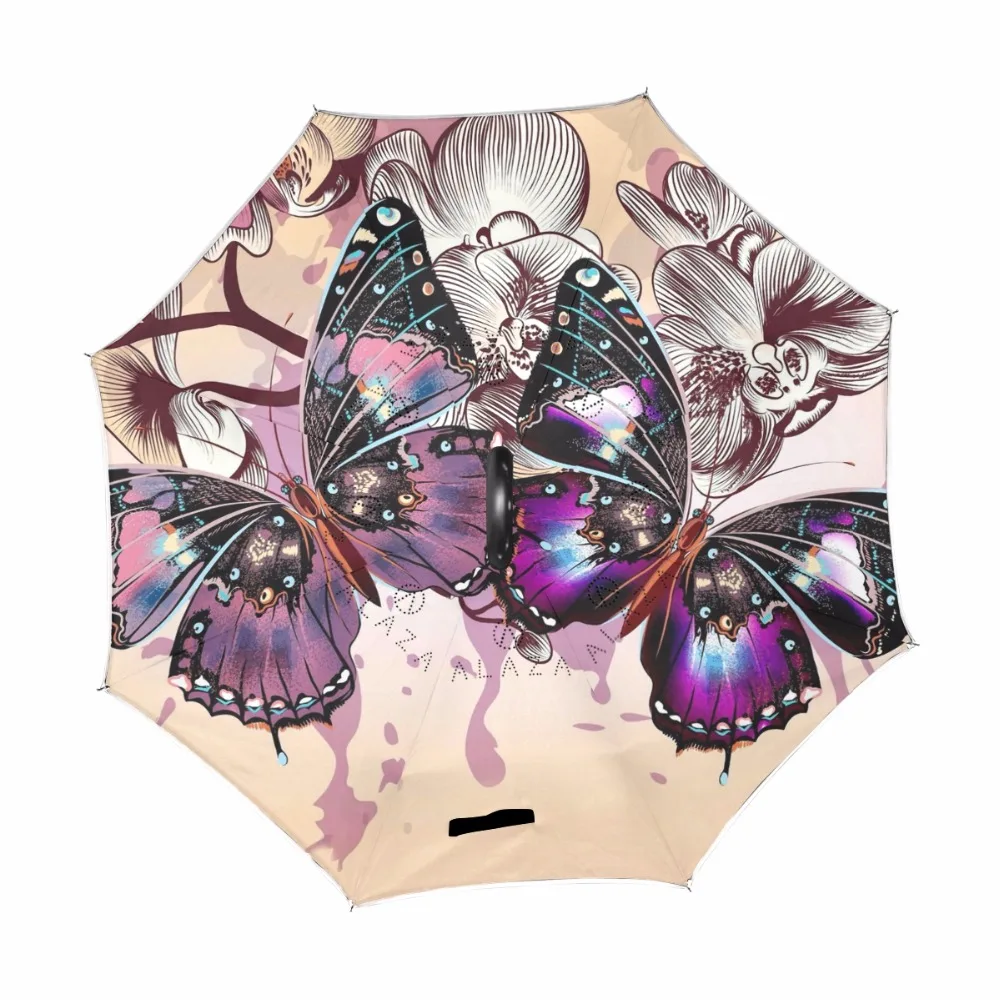 

Creative Butterfly Double Layer Inverted Umbrellas Windproof Reverse Umbrella Self Stand Rain Protection C-Hook Hands For Car