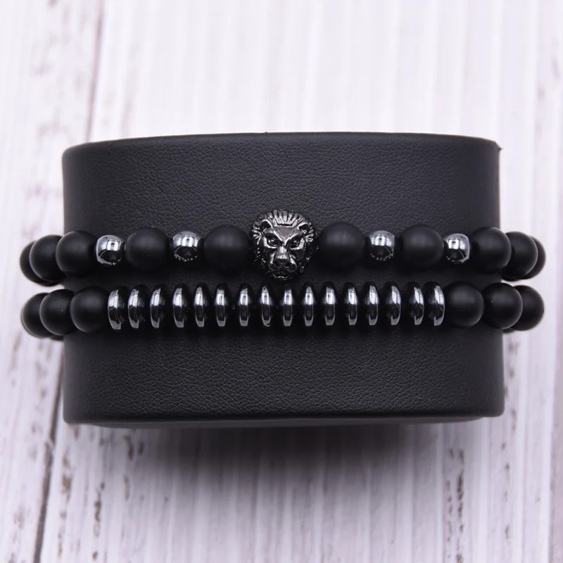 

Kang hua 2 pieces/set charm 8mm Matte Black stone bead bracelet Micro Pave CZ Lion head bracelets for men&women jewelry Bijoux