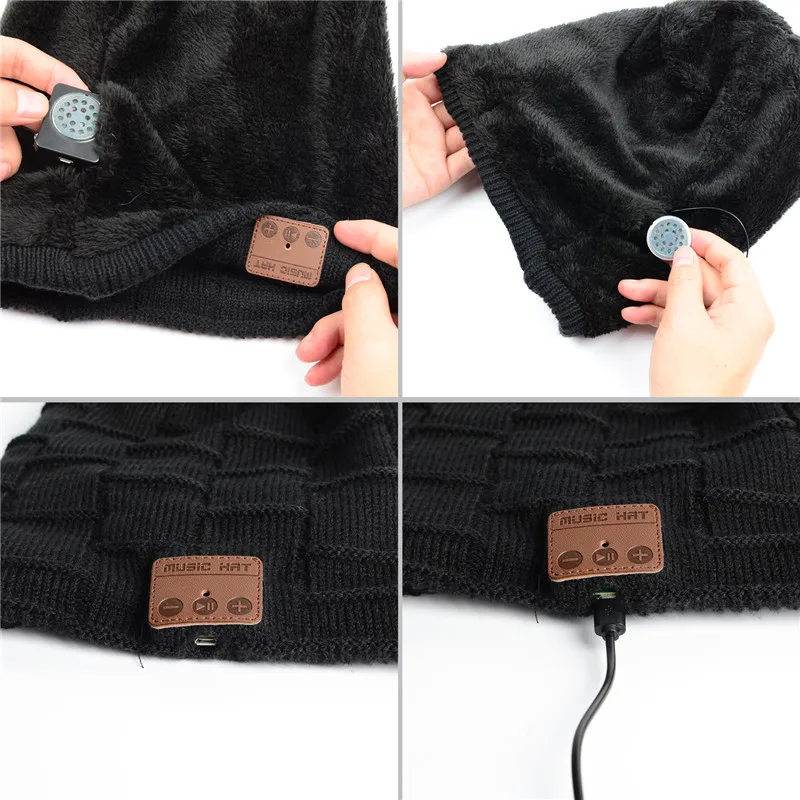 Wireless Bluetooth V4.2 Beanie Knitted Plus Velvet Winter Warm Running Hat Headset Mic Music Headbands Sport Smart Cap+Gift Box