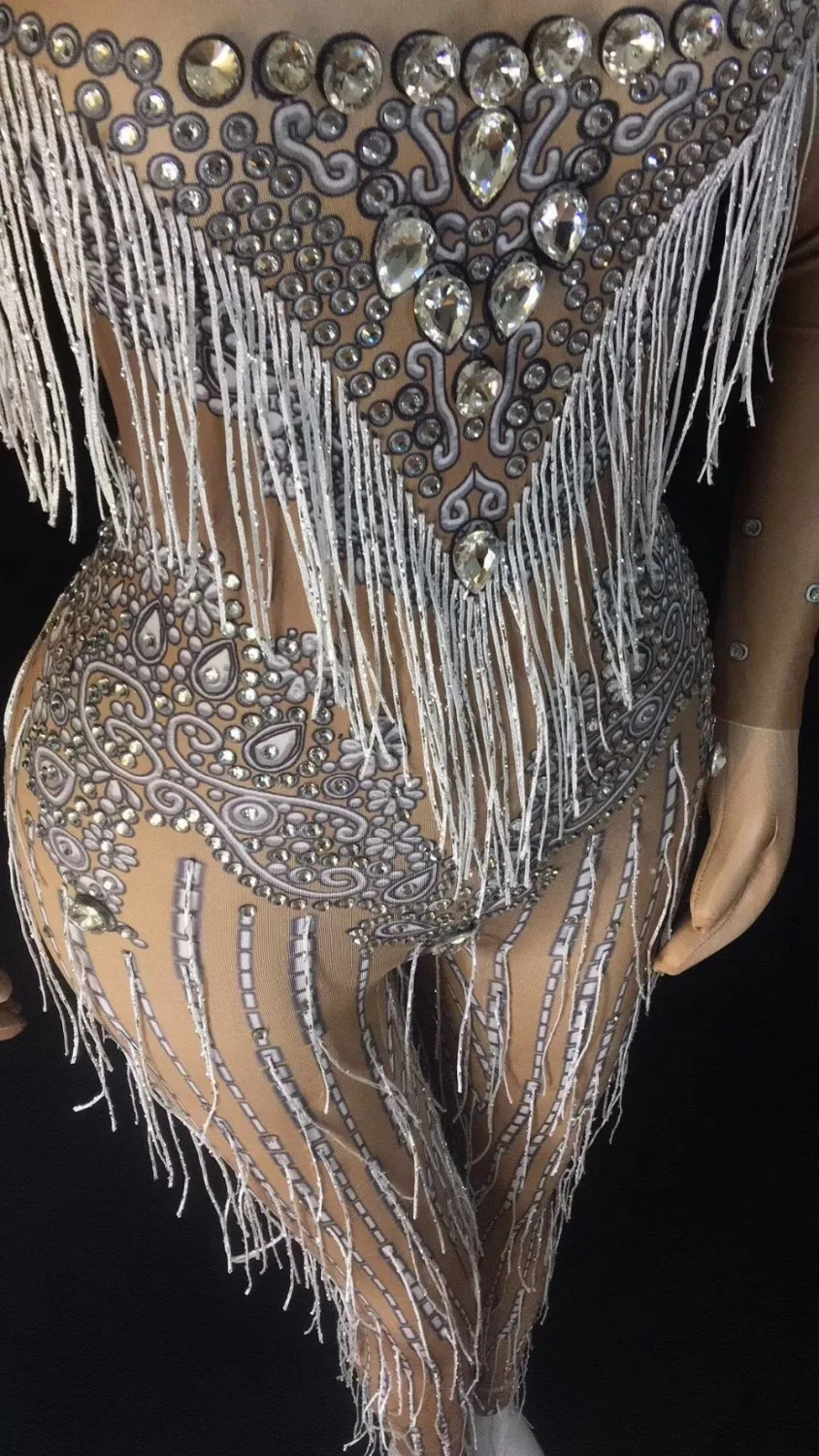 Women Stage Dance Stretch Jumpsuit Costume One-piece Fringes Big Stretch Spandex Rompers Outfit Red Crystals Tassel Jumpsuit 