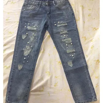 

women jeans pearl beading ripped blue pencil pants plus size European casual female skinny stretch trousers Denim jean bottom