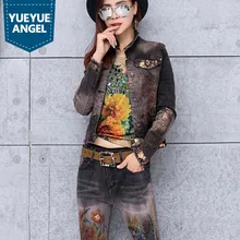 Европейский стиль, черные джинсовые пальто с принтом, женская мода, расшитая блестками, длинный рукав, однобортный короткий джинсовый жакет, женская уличная одежда