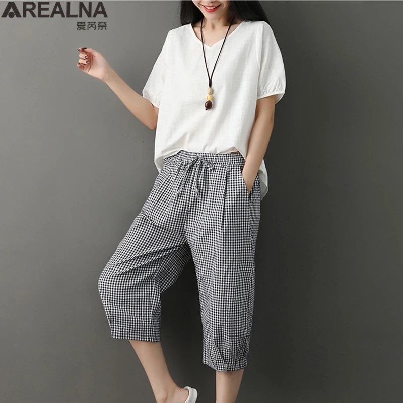 

Summer Women two piece set Casual Cotton Linen tops+calf length pants Female plus size office suit 2 pcs set women chandal mujer