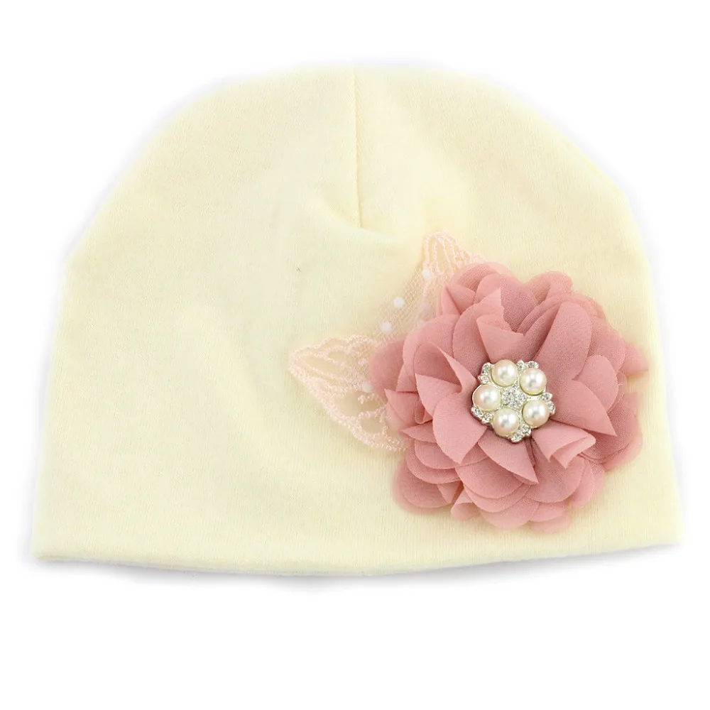 

24set/lot Newborn Cute Baby Cotton Hat Matching Rhinestone Chiffon Flower Infant Hat Newborns Photography Props Kidocheese