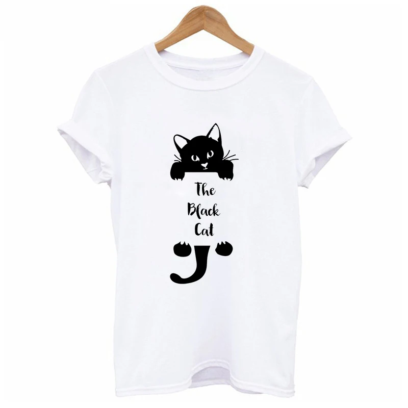 2019 القط الأسود لطيف مضحك الوردي قميص مطبوع قميص كاجوال قطني الإناث قمم المحملة محب نعرفكم المتناثرة