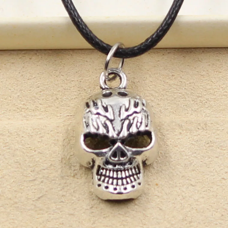 Новая Мода тибетский серебряный Кулон Скелет Голова Череп ожерелье чокер Шарм черный кожаный шнур заводская цена ювелирные изделия ручной работы