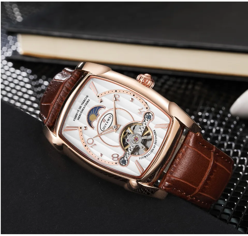 Роскошные OYW модные автоматические мужские механические часы Tourbillon деловые часы Tonneau Форма кожаные Наручные часы Relojes Hombre