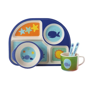 

5pcs/sets Baby Dish Tableware Set Natural Bamboo Fiber Bowl with Cup Spoon Plate Fork Feeding Dishes for Kids Utensils