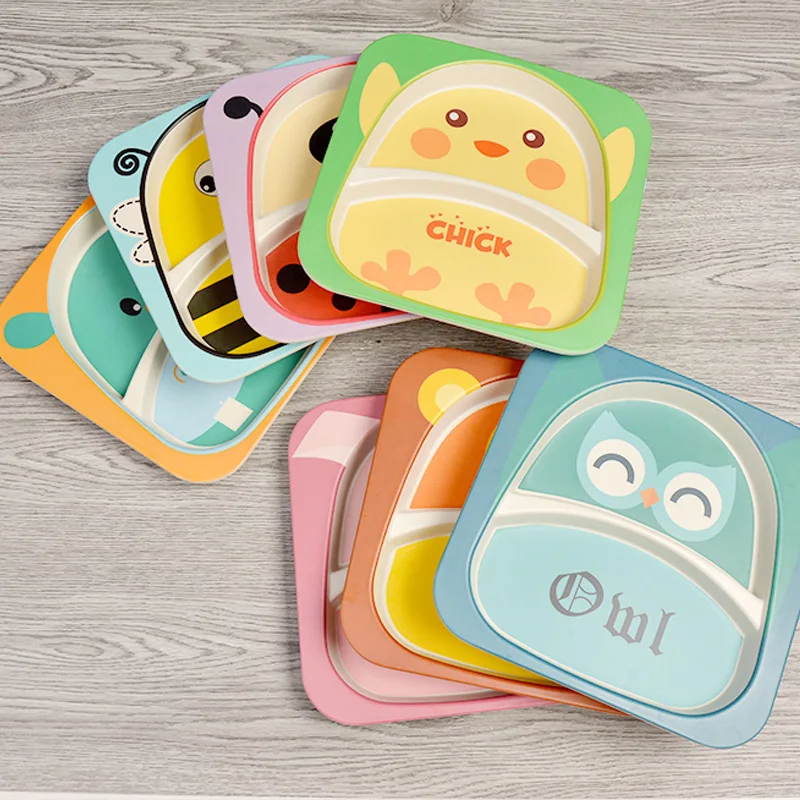 5 pcs/set  Bamboo Fiber Children's Tableware Set Baby Feeding Plate Set Bowl Cup Spoon Fork Cartoon Baby Dinnerware Kids Dishes