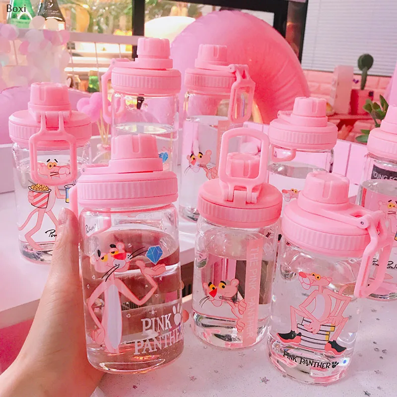 

Boxi 350ml/550ml Pink Leopard Glass Water Bottle Cute Cartoon Portable Bottle Strap For Kids Drink Water Bottles Travel Hand Cup