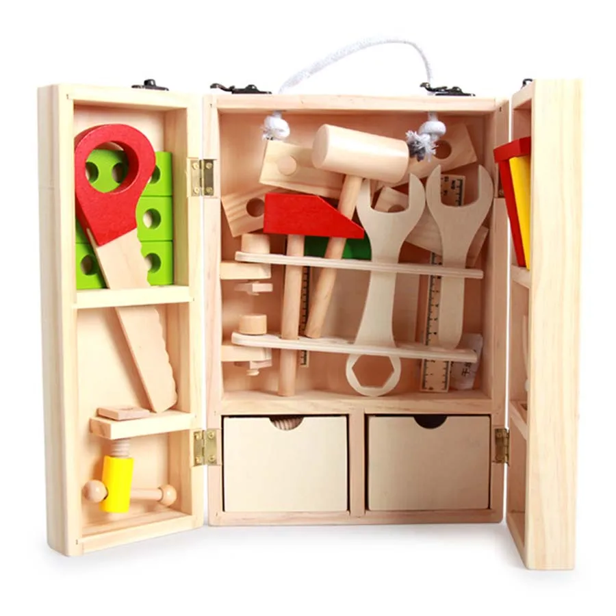 Kids Wood Toolbox Set Multi functional Tool Toys for Kids Pretend Play