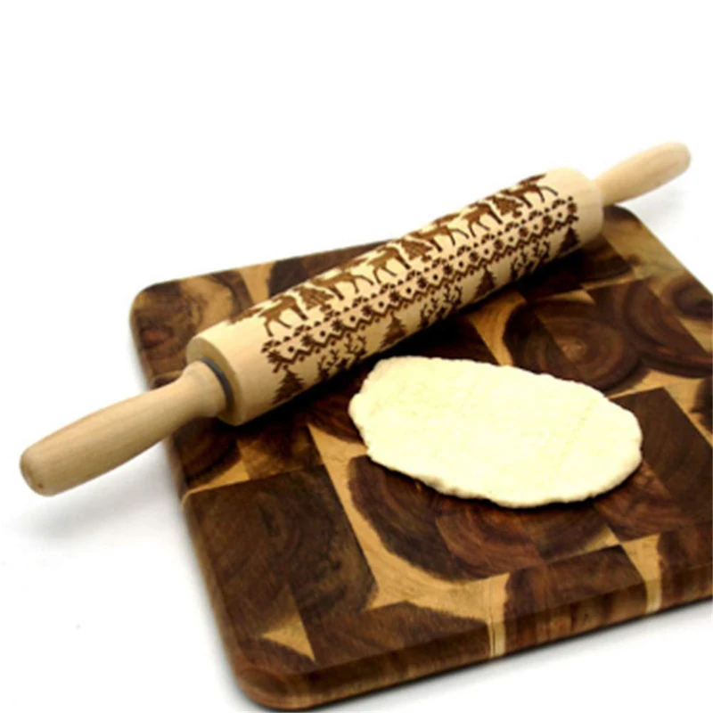 

2018 35/43cm Christmas Embossing Rolling Pin Baking Cookies Noodle Biscuit Fondant Cake Dough Reindeer Snowflake Engraved Roller