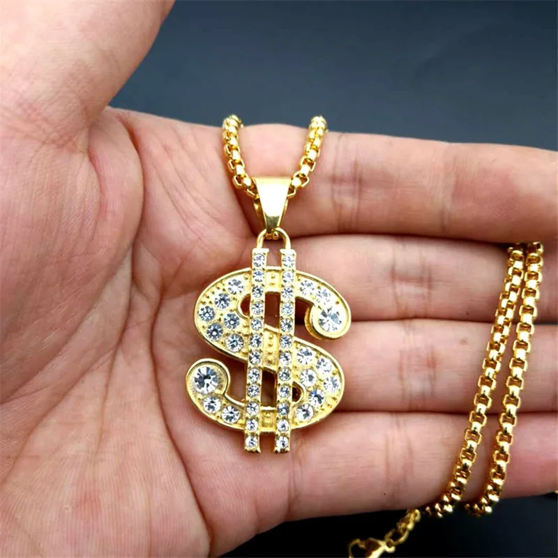 US Dollar Money Necklace Pendant Stainless Steel Gold Color Necklace
