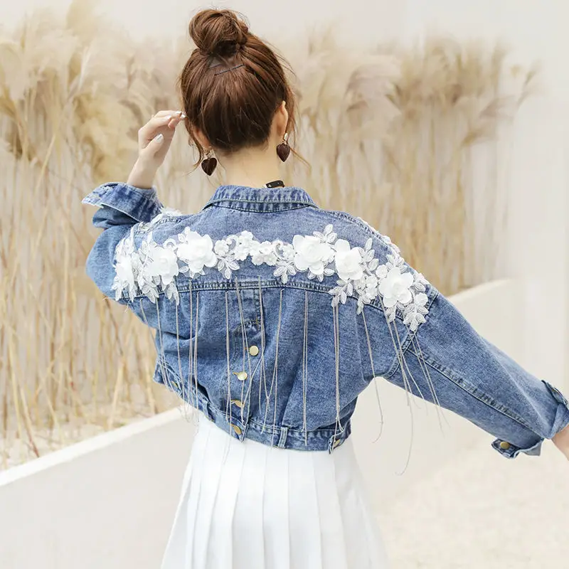 2021 Spring Autumn Floral Appliques Tassel Women Short Demin Jacket Korean Casual Chains Loose Femme Jean Coat Female Tops | Верхняя