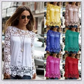 

Fashion 2015 Summer Style Chiffon Long Sleeve Lace Blouse Crochet Tops Shirt Blusas Feminina Plus Size Women Clothing XS-5XL