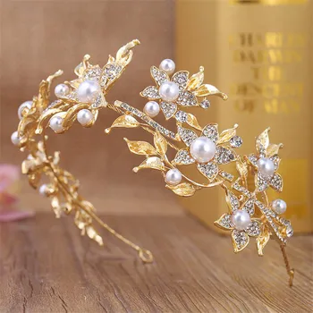 

Luxurious Pearl Flower Gold Wedding Bridal Tiara Headbands Bride Headpiece Women Prom Soft Head chain Hair Jewelry Accessories