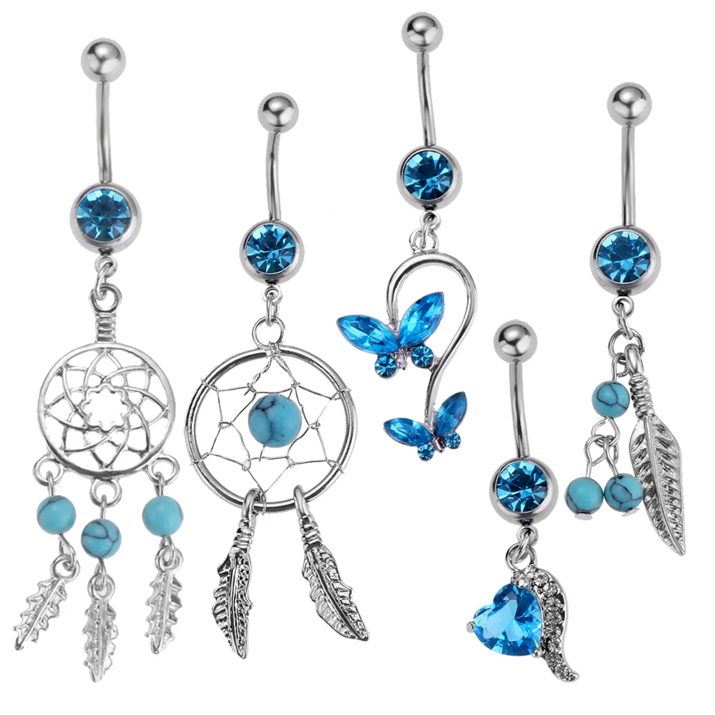 5 Pieces Women Rhinestone Dreamcatcher Butterfly Leaf Heart Belly Bar Navel Ring