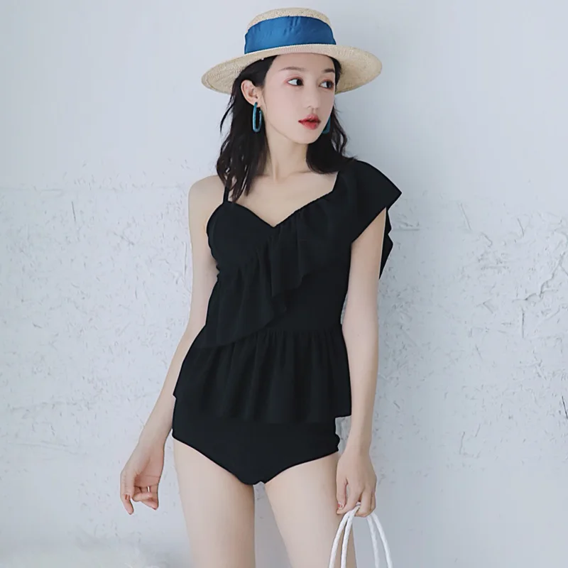 

Spa Holiday 2019 new Sexy Oblique shoulder Ruffle one-piece swimsuit High waist plus up Swimwear Halte women bathing suits
