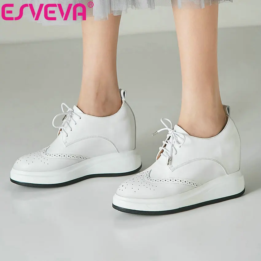 

ESVEVA 2019 Women's Vulcanize Shoes Lace Up Platform High Heels Shoes Height Increasing Women Pumps Round Toe Concise 34-39
