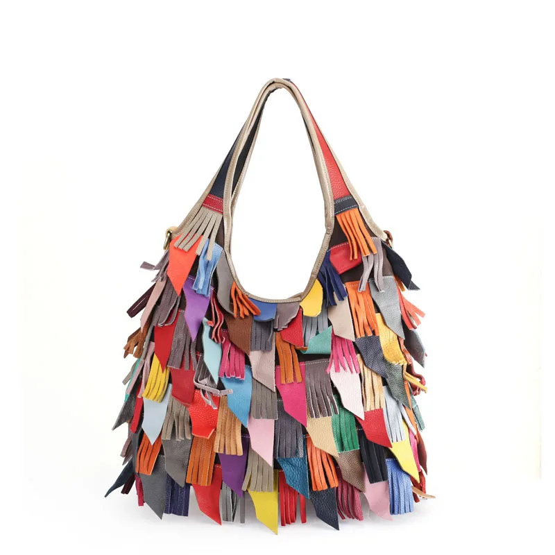 Real Cow Leather Spliced Tassel Fringe Bag Women Single Shoulder Bag Color Belt Unique Personality Ladies Handbag Hot Pop Tote Real Cow Leather Spliced Tassel Fringe Bag Women Single Shoulder Bag Color Belt Unique Personality Ladies Handbag Hot Pop Tote