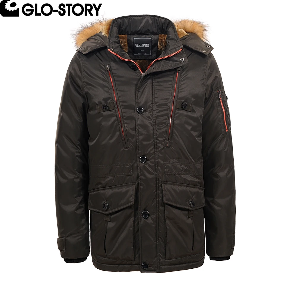 GLO STORY Mens Fashion Fur Hoody Parka Men Windbreaker Wool Liner Thick Padded Winter Jackets