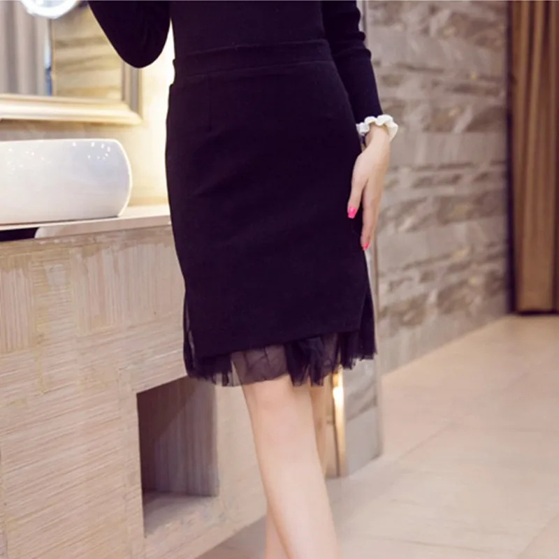 black S-5XL женские зимние юбки модные элегантные сексуальные Высокая талия Офисная Женская юбка Лоскутная формальная серая юбка карандаш плюс размер - Цвет: black