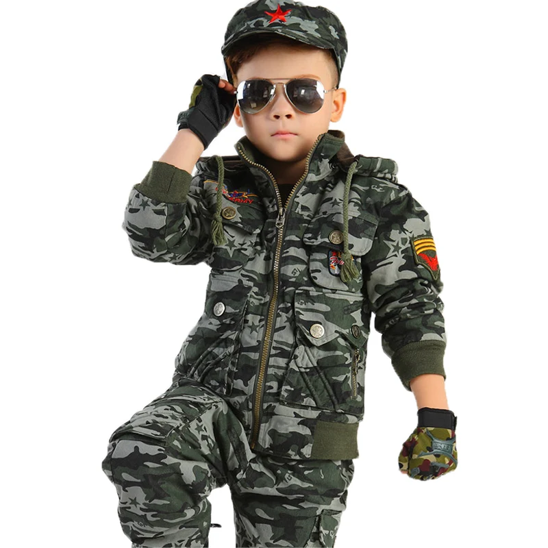 

Warm Winter Military Training Clothes Boys Scouting Camouflage Suits Cotton Jacket +Trousers+Gloves+Cap Set