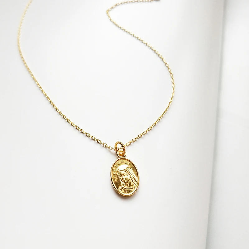 Peri'sBox 925 серебро Овальный Девы Марии двойные Чокеры ожерелья маленький кулон в форме диска ожерелья простое заявление чокер