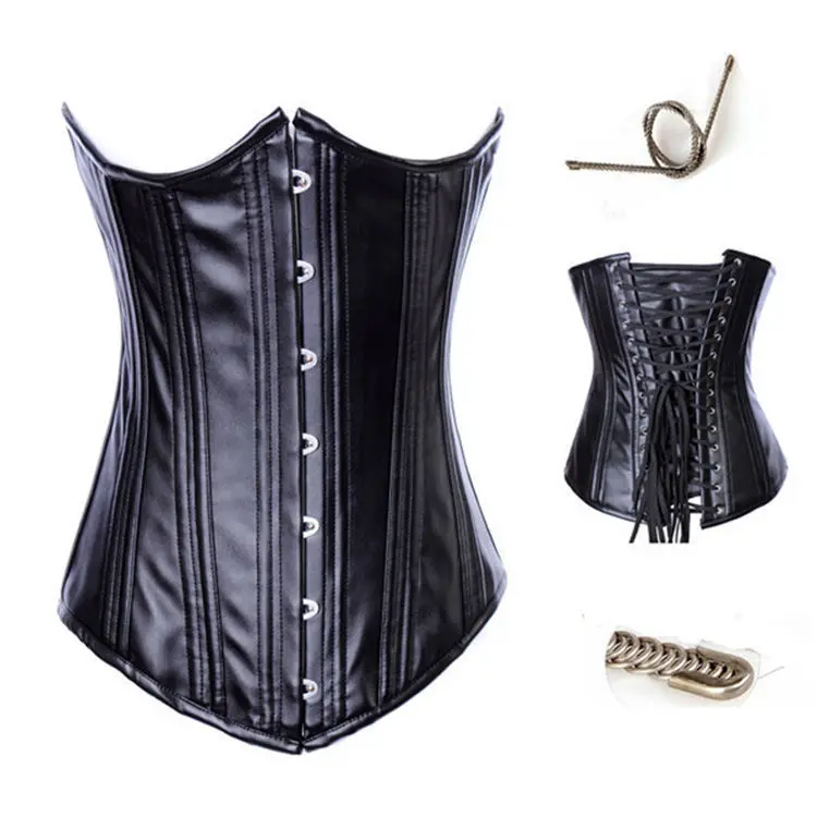 Black Steel Boned Underbust Waist Faux Leather Corset with G stringin