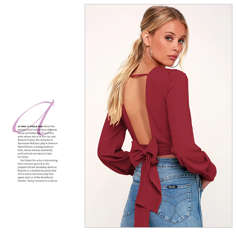 Backless Crop Top Mujer T Shirt Women Sexy Long Sleeve T Shirts Ladies Plus Size Tops Spring Short Tshirt Bandage Solid T-shirt  (18)