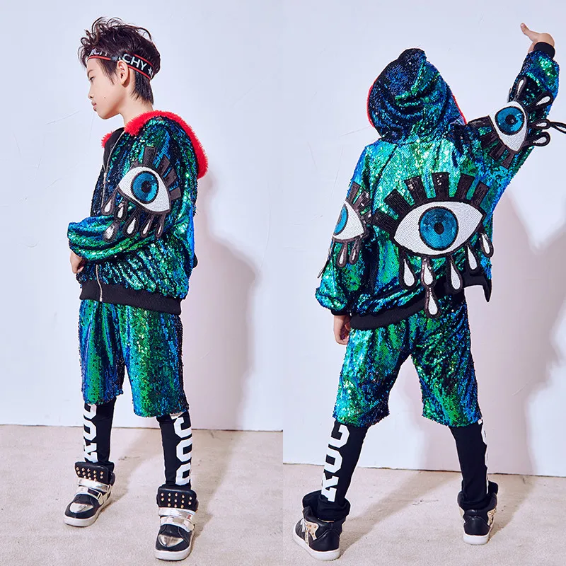 New boy street dance clothes green sequined coat autumn and winter